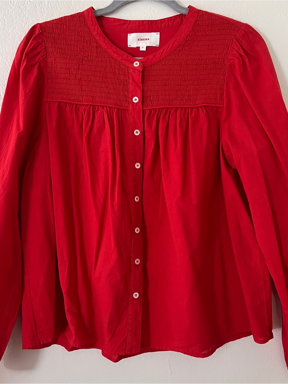 XiRENA Vibrant Red Smocked Yoke Button-Down Blouse